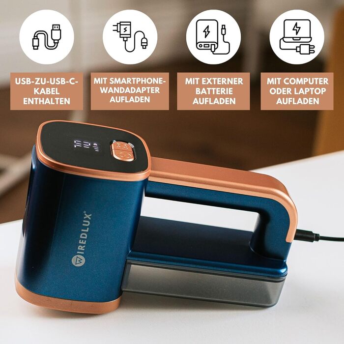 Електричний машинка для видалення катишків WiredLux для одягу та меблів, LED-підсвітка, 3 швидкості, 6-лезова, USB-зарядка, графітово-сірий/мідний, кобальтово-синій/мідний