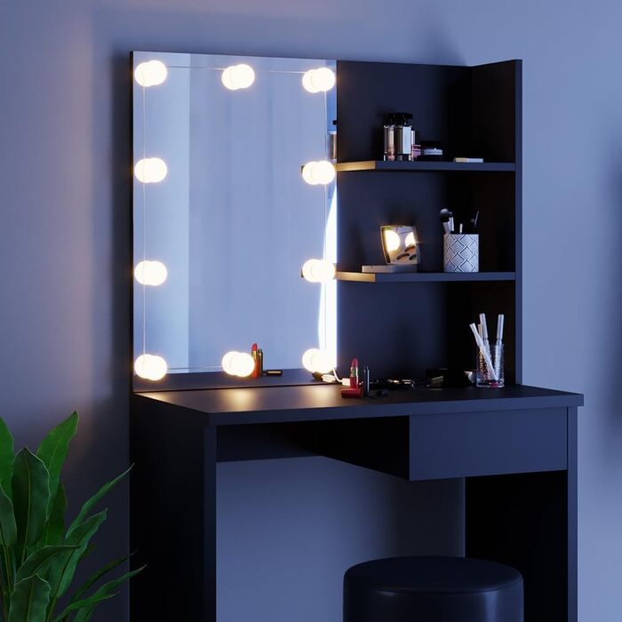 Vicco Vanity Table Decor, Black, 75 cm with LED Lighting and Stool
