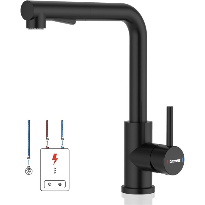 Змішувач кухонний DAYONE з висувною лійкою, нержавіюча сталь, 3 режими, поворотний на 360°, для кухонної мийки (15 см), матовий чорний