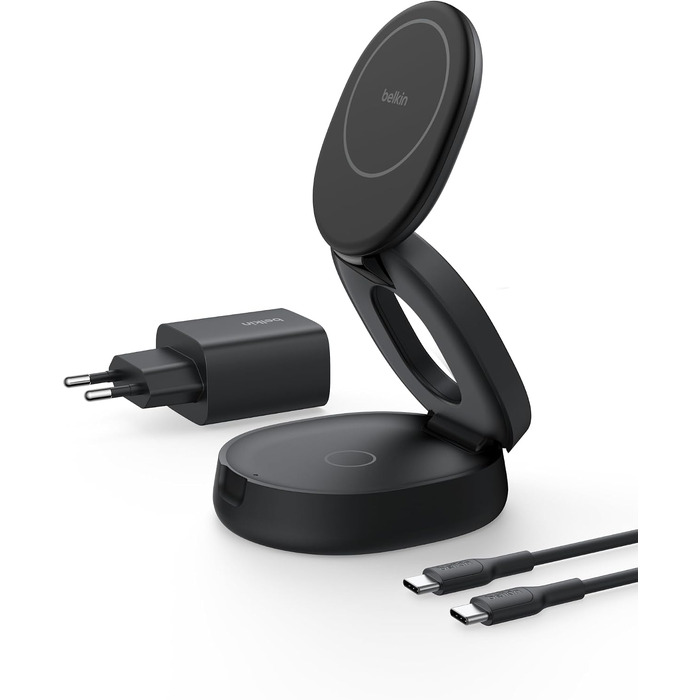 Бездротова зарядна станція 2-в-1 Belkin BoostCharge Qi2 15W MagSafe для iPhone 17, AirPods, Pixel, з блоком живлення 30W, чорна