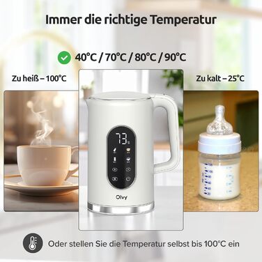 Електричний чайник Olvy 1.7L з регулюванням температури – Швидкий, з нержавіючої сталі, 2200W, з функцією підтримання тепла, подвійні стінки (Білий)