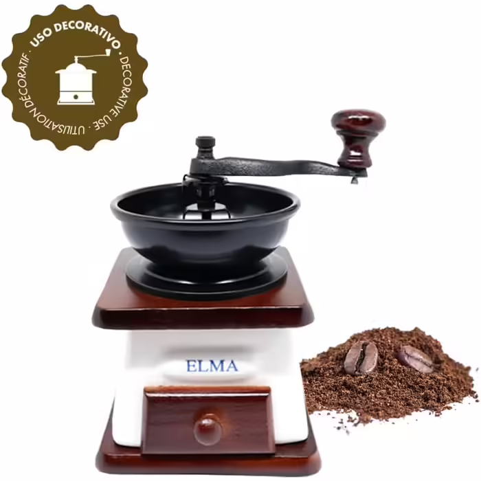 ELMA Ceramic Manual Coffee Grinder for Decorative Use, Brown Vintage-Style Retro Manual Coffee Grinder on Wood with Hand Crank, Portable, Antique-Design Coffee Grinder | Dark Wood Color