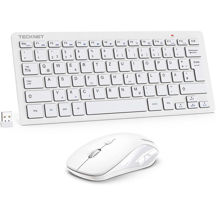 TECKNET Бездротовий комплект клавіатури та миші, QWERTZ, 2.4 GHz, 15м, тиха клавіатура та миша для ПК, ноутбука, Smart TV, білий