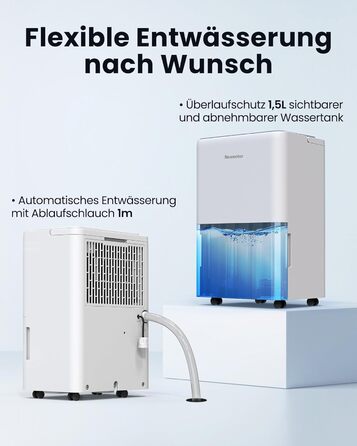 Електричний осушувач повітря Newentor 12L для підвалу, 35dB, з гофрованим шлангом 1м, для приміщень до 25м², 10 років гарантії, фільтр, таймер, продуктивність 24L/день