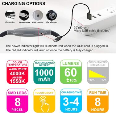 Ліхтар LED для читання BIGLIGHT на шиї, гнучкий, акумуляторний, з регульованою яскравістю, сріблястий