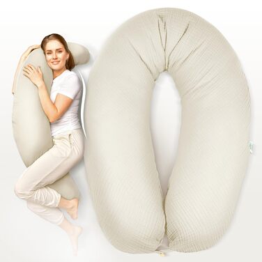 Подушка для годування sei Design XXL 190x30 см з мусліновою наволочкою, ергономічна, для вагітних, для сну на боці, комфортна подушка для дорослих, наволочка з 100% органічної бавовни муслін