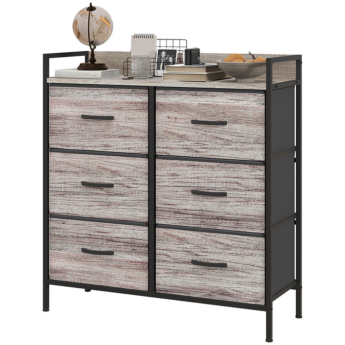 HOMCOM 6-Drawer Fabric Storage Chest of Drawers, Storage Cabinet, Dresser-Style Unit with Wood-Look Finish, Handles, Steel Frame, Industrial Design Sideboard for Living Room - Grey | Aosom