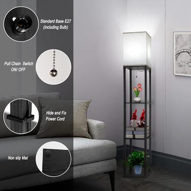 Світлодіодна торшер з дерева, 1.6м, з цоколюванням E27 (3000K-5000K), ретро торшер з 3 полицями, 3 колірні температури, настільна лампа з абажуром для спальні, кута, вітальні, офісу, чорний