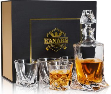 KANARS Whisky Decanter and Glasses Set, 800 ml Lead-Free Crystal Whiskey Decanter with 4x 300 ml Glasses, 5-Piece, Gift Box