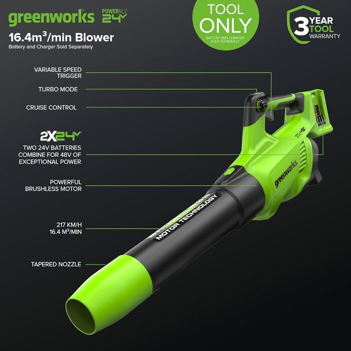 Акумуляторний повітродув Greenworks 48В (2x24В), безщітковий двигун, турборежим, 217 км/год, 16,4 м³/хв, без батарей і зарядного, 3 роки гарантії, GD24X2AB