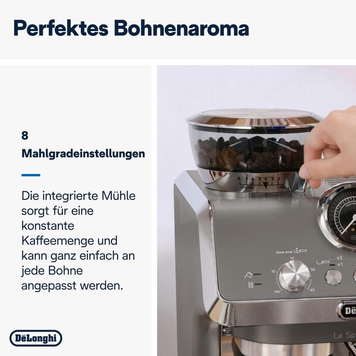 De'Longhi La Specialista Arte Evo EC9255.T Semi-automatic espresso machine with grinder, cold brew function, 8 grind settings, 15 bar, 3 temperatures, milk frothing wand, titanium finish, including barista kit. With Cold Brew function, espresso machine, titanium.