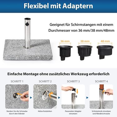 Paramondo Umbrella Stand - Granite Umbrella Stand, Square, 48 x 48 cm, with adapter sleeves, for medium-sized umbrellas