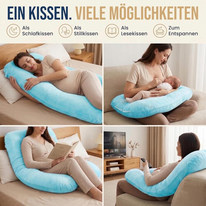Подушка для вагітних та годування XXL Elfenbein (слонова кістка) / Turquoise (бірюзовий) з поліестеровим наповнювачем, знімний чохол, гнучка форма