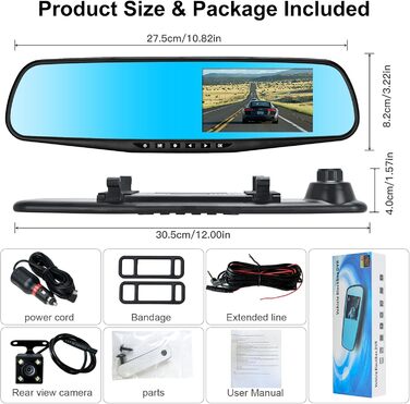 Відеореєстратор Podazz Dashcam Auto - камера для автомобіля з 3-дюймовим IPS екраном FHD 1080P, 170° кутом огляду, нічним баченням, G-сенсором, циклічною записом та детекцією руху, паркувальний режим (блакитний)