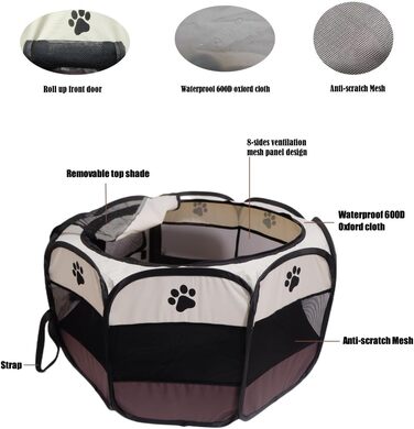 Переносне огорожа для тварин, вольєр для собак та котів, кроликів, тренувальний намет для домашніх тварин, для дому та вулиці (Розен), коричневий