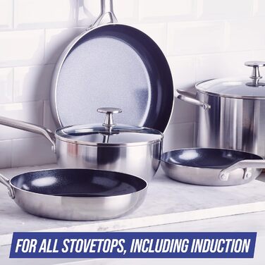 Набір посуду Blue Diamond Cookware (11 предметів): сковороди, каструлі з нержавіючої сталі з покриттям DiamantKeramik, антипригарне покриття, без PFAS, для індукційних плит, можна мити в посудомийній машині та використовувати в духовці, срібний колір