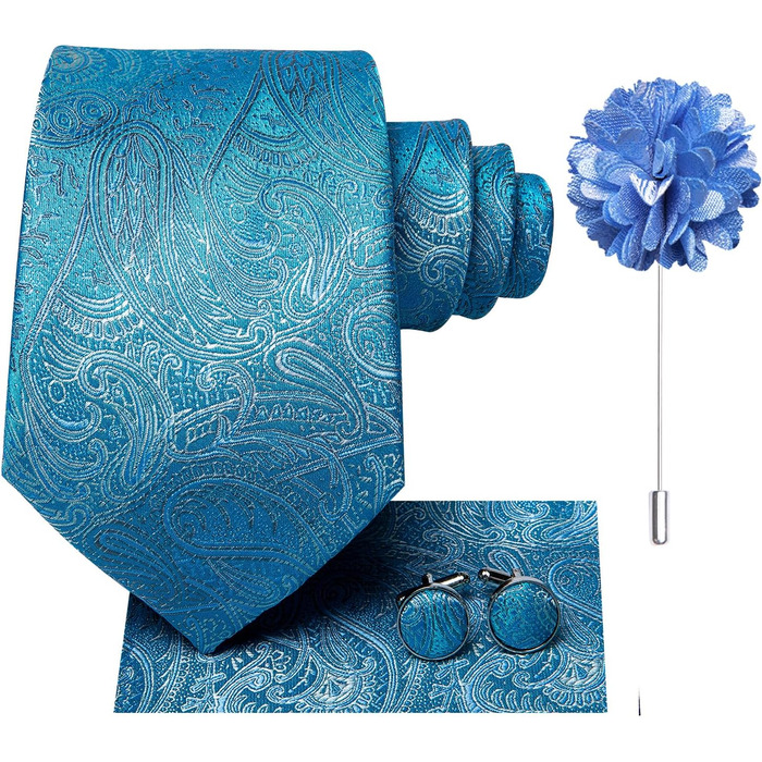 Набір краваток, нагрудних хустинок та запонок Hi-Tie: шовкова краватка для весілля та ділових зустрічей (Pfauenblau A)