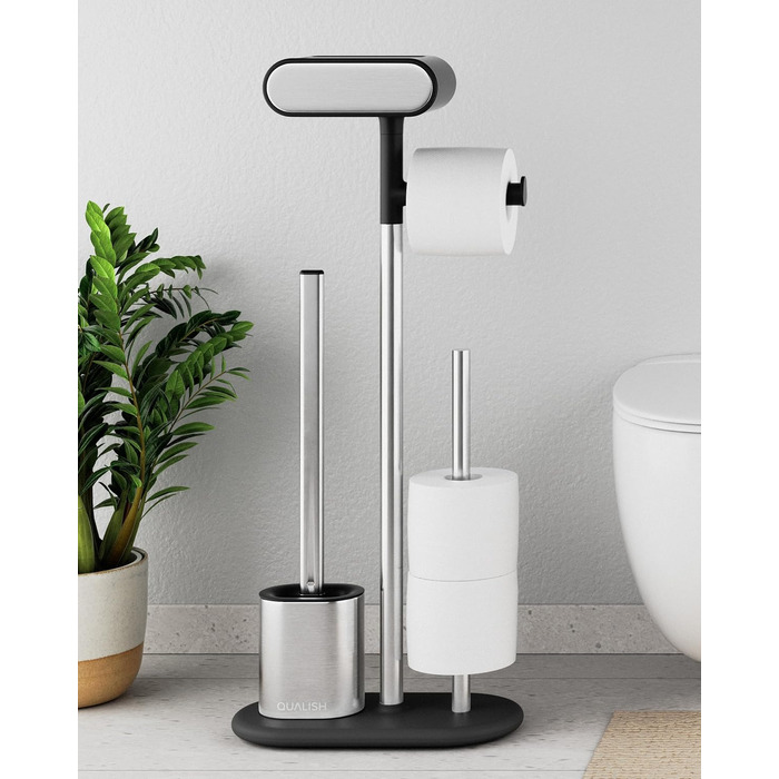 QUALISH Stainless Steel Toilet Paper Holder with Brush - Standing Toilet Paper Roll Holder with Silicone Brush - White & Black Finish