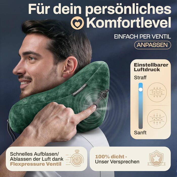 Подушка для шиї HELDENWERK® Air - для подорожей літаком та автомобілем | 5 положень, регульована, знімний капюшон | М'яка, зелена, для жінок та підлітків