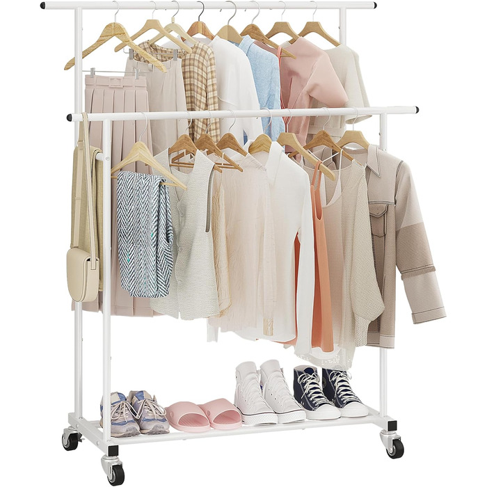 Підвісна штанга для одягу Calmootey з подвійною перекладиною, мобільна, для спальні, вітальні, магазину одягу, біла