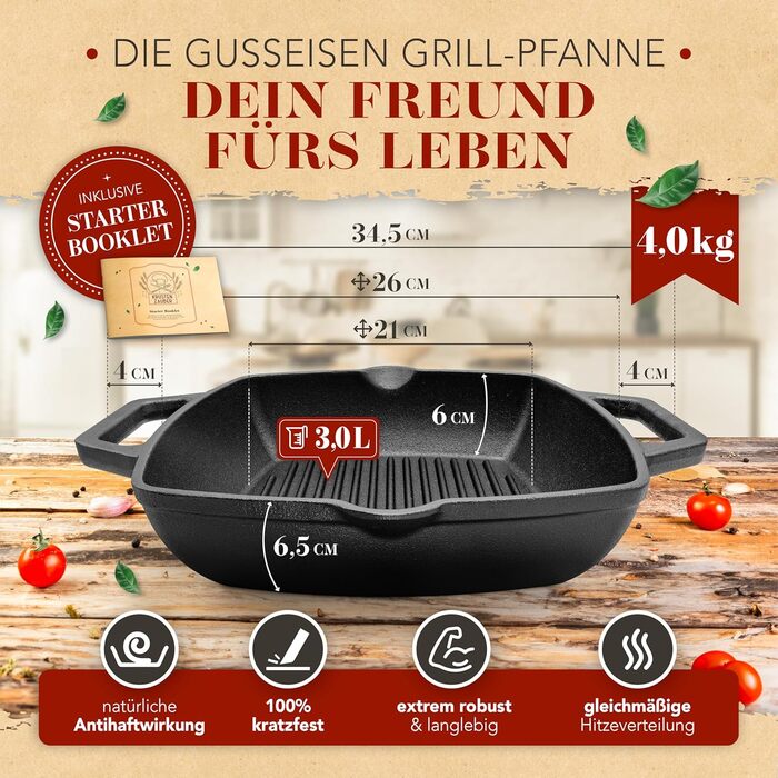Чавунна гриль-сковорода Krustenzauber 26 см з подвійним руків'ям для індукційних плит. Рифлена сковорода для смаження
