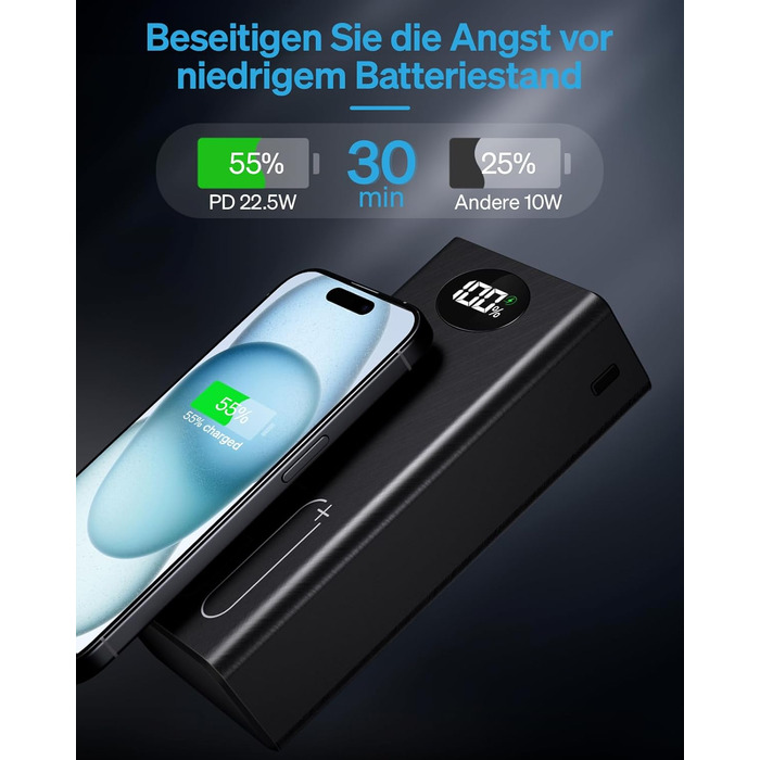 Портативний повербанк 50000 мАг з 5 виходами та 2 входами, швидка зарядка 22,5 Вт, ліхтарик, чорний