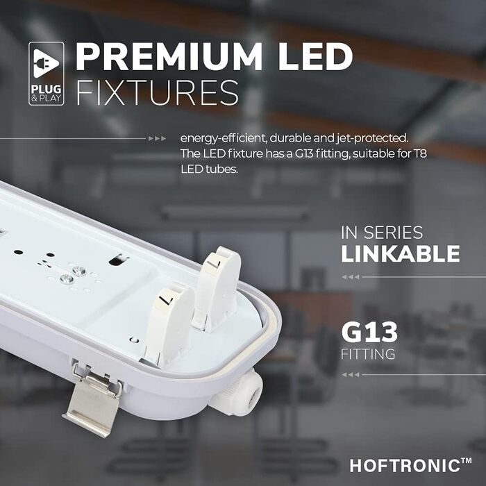 HOFTRONIC LED Damp-Proof Light 150cm 6000K Cold White 60W 10500lm 175lm/W Flicker-Free Linkable T8 Workshop Lamp IP65 Waterproof Basin Light Double for Garage Basement Office