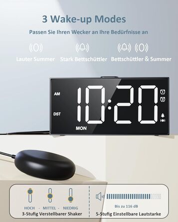Digital Alarm Clock, Loud Vibration Alarm with Bed Shaker, Loud Alarm for Deep Sleepers, Large Display, Adjustable Volume & Brightness, Dual Alarm, Snooze, USB Charger, Easy Operation