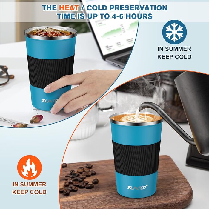 Термокружка для кави з кришкою, 380 мл, з подвійними стінками, з нержавіючої сталі, блакитно-чорна