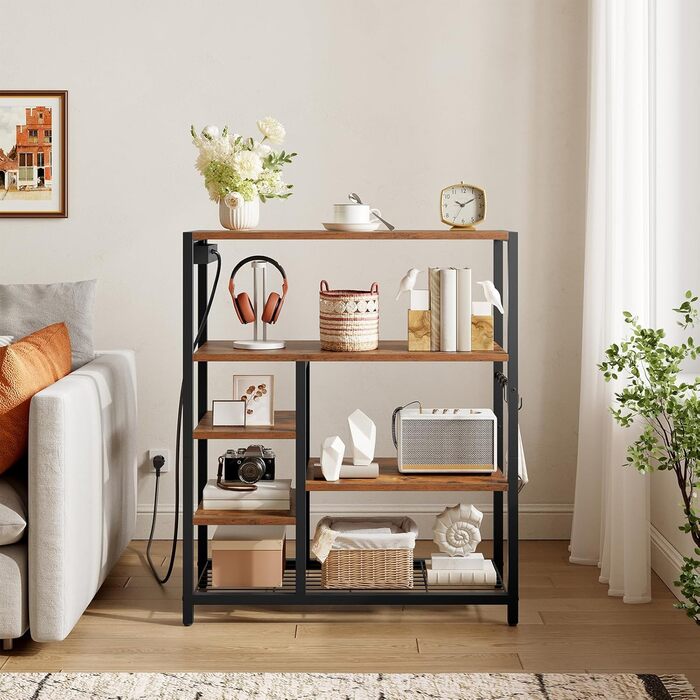 HOOBRO Поличка кухонна з розеткою (3 розетки з вимикачем), підлогова, для мікрохвильової печі з 3 знімними S-гачками, 5 ярусів, для кухні та вітальні, вінтажний коричневий та чорний колір, EBF25CHB01