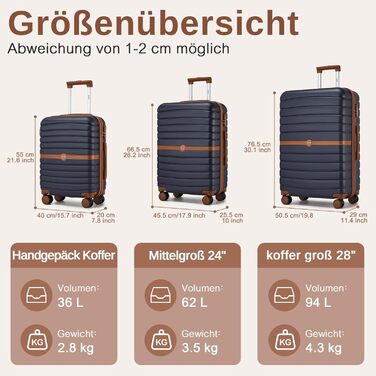 Чемодан-валіза KONO 55x40x20 см, ручна поклажа, ABS+PC, з коліщатами та замком, темно-синій/коричневий