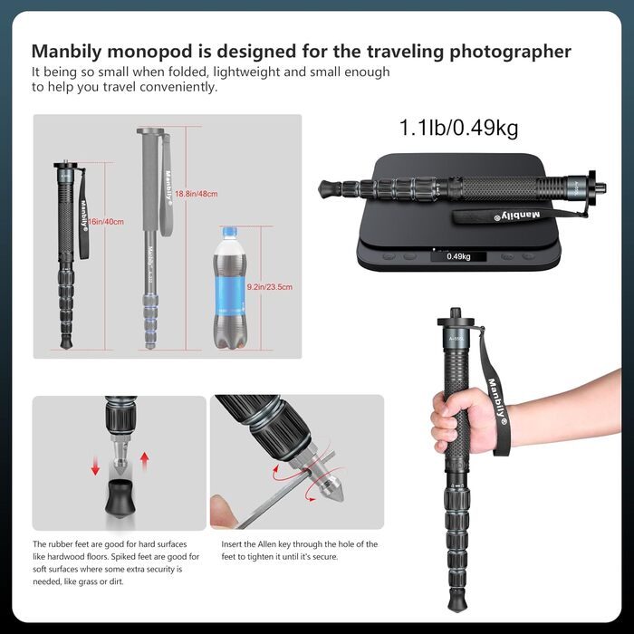 Монопод для камери Manbily A-555L 168 см з алюмінію, з ручкою-підтримкою, до 7 кг, сірий