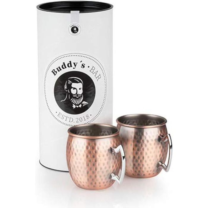 Набір для коктейлів Buddy's Bar Moscow Mule: 2 мідні келихи 500 мл, барна ложка 27 см, джигер 50 мл, чорна преса для лайма, подарункова коробка, харчова мідь, антик, 2 шт.