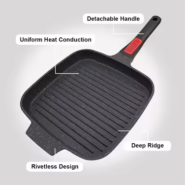 RANX INGST Grill Pan Induction with Removable Handle, 26 x 24 cm Steak Pan, Non-Stick Coated Aluminum Grill Pan, All Cooktops - (Black, no lid)