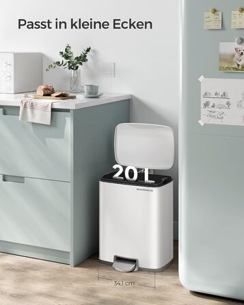 Відро для сміття SONGMICS 20 л з педаллю, м'яким закриттям, з внутрішнім відром, 15 мішків, металеве срібло