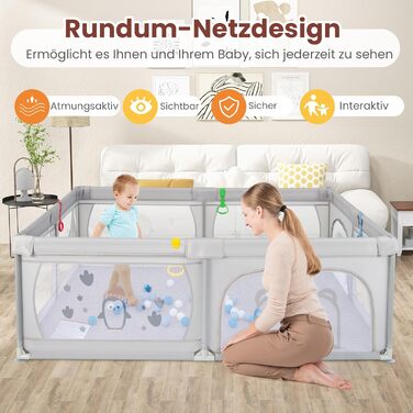 DREAMADE 200 x 140 cm Baby Playpen, Playard with 50 Balls & Carry Bag, Crawling Gate for Indoor & Outdoor Use (Grey-Penguin, without mattress) Grey-Penguin without mattress