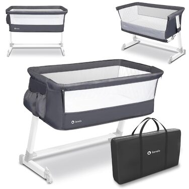Lionelo Theo 2in1 Baby Cot, Travel Cot for Baby, Crib for Baby from Birth up to 9 kg, Height Adjustment, Recline Adjustment, Foldable Side Rail, Mattress, Mosquito Net (Dark Grey) Dark Grey 1 Piece (1-Pack)