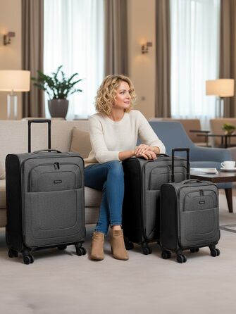 Набір валіз REDOLZ 3 шт. для жінок та чоловіків | Легкі та стійкі дорожні ролери, якісний м'який кейс, 4 подвійні колеса та TSA-замок | Розширюваний з еластичними складками (Essentials 12) Чорний набір валіз (3 шт.) 3-колісний розширюваний