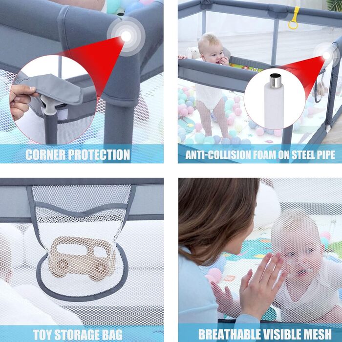 VTERLY Baby Playpen, 150 x 180 x 68cm Playard/Safety Gate with Storage Bag, Breathable Mesh, Anti-Collision Foam Playpen, Baby Playpen, Playard for Kids - Grey 150*180cm