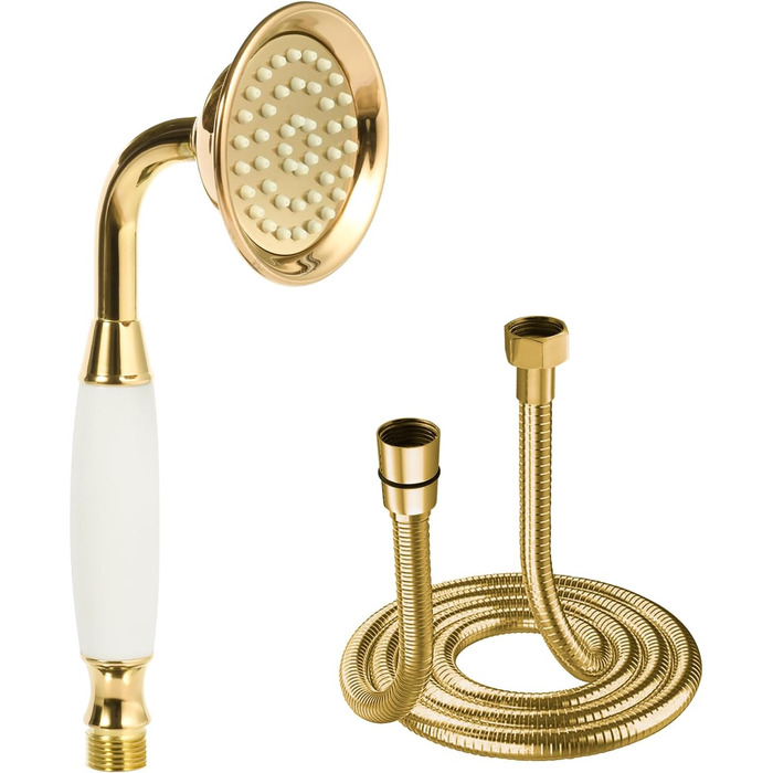 Delnet Classic High-Pressure Showerhead, Chrome, Traditional Telephone Style, Handheld Showerhead and 1.5m Hose (Vintage, Gold)