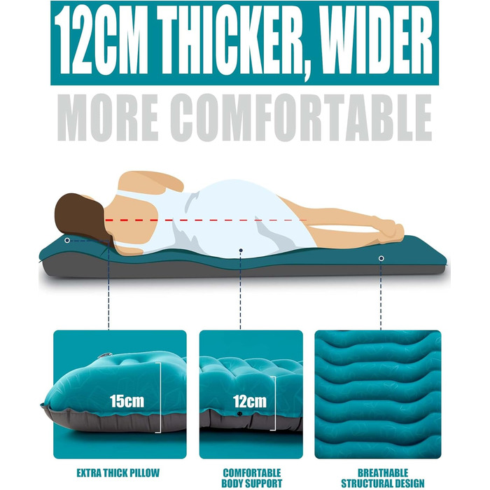 Надувний килимок для кемпінгу - самонадувний, товстий, з подушкою, для рюкзаків, трекінгу, подорожей - блакитний