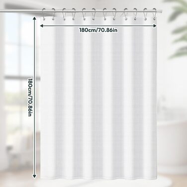 Штора для душу біла 180x180 см, вафельна, з металевими кільцями та гачками, водонепроникна, з утяжеленим краєм
