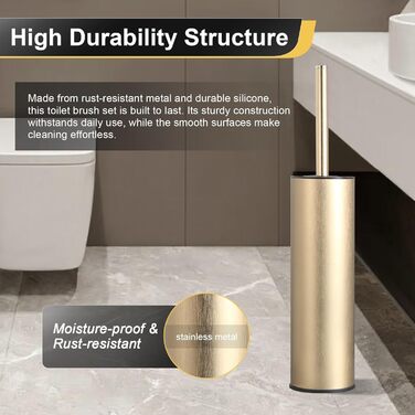Підлогова щітка для унітазу DAZI з металевим покриттям, матова, з 2 довгими щітками для глибокого очищення, запобігає розбризкуванню та затримці води. (Бурштяне золото)