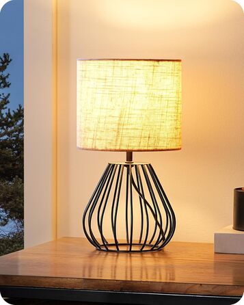 EDISHINE Настільна лампа, сучасний дизайн, індустріальний стиль, E14 цоколь, вінтаж, для спальні, вітальні, бежево-чорний льон + чорний