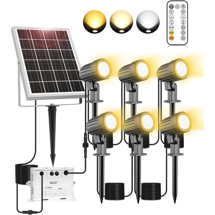 CLY Solar Lamps for Outdoors, Solar Spotlights Garden Light with Remote Control IP66 Waterproof 10 Colors 30 Dynamic Modes Timer Garden Lighting for Gardens Path Christmas Decoration 6 Pieces (Warm White/Natural/Cold White, 6 Pieces)