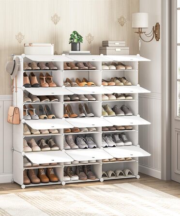 HOOBRO 8-Tier Shoe Rack, Shoe Cabinet, for 32 Pairs of Shoes, 40 x 30 x 30 cm per compartment, narrow, with doors, plastic, for living room, bedroom, hallway, entrance, White EWT28SC01G1 (12 compartments, 120 x 30 x 120 cm), White)