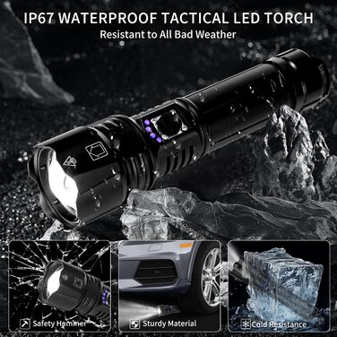 LED ліхтарик на акумуляторі, надзвичайно яскравий 1200000 люмен, з функцією зуму, тактичний, з 5 режимами, водонепроникний IP67, для кемпінгу, риболовлі, туризму, активного відпочинку та надзвичайних ситуацій (P70-kit)