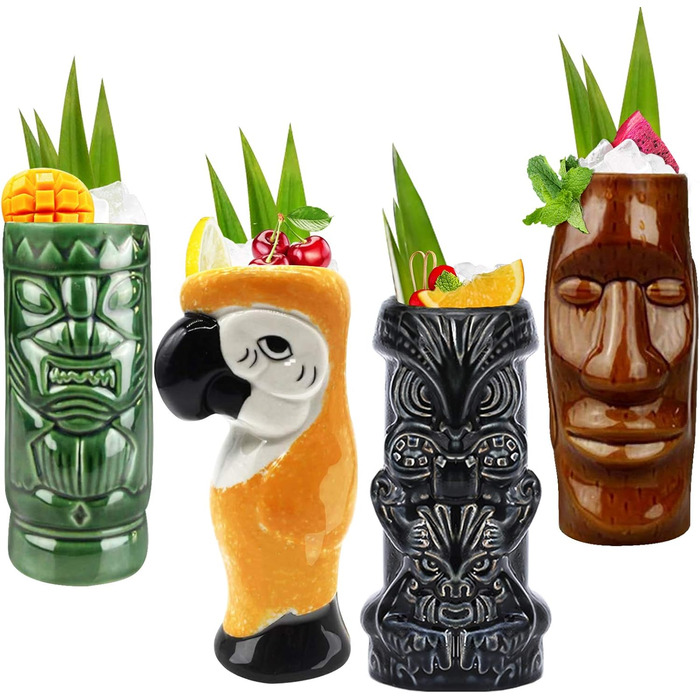 Tiki Tassen Cocktail Set with 4 Pieces – Large Ceramic Cups, Hawaiian Luau Party Cups, Drinkware, Cute Exotic Cocktail Glasses, Tiki Bar, Professional Hawaiian Party