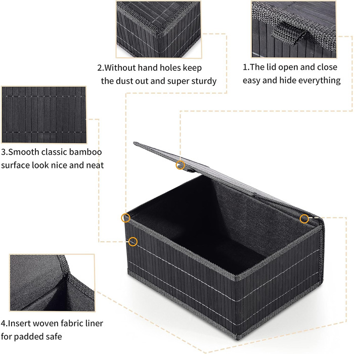 Honeycomb Storage Basket with Lid, Woven - Bamboo Decor Storage Boxes, Set of 3 Rattan Basket with Lid Woven Fabric Insert for Bathroom Kitchen Shelf Organization (Large/Medium/Small) (Black Box)