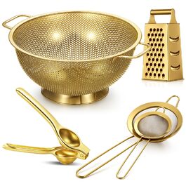 Набір кухонного приладдя Sawysine Gold: сито 4-квартове золоте, 2 сита, прес для лимонів, терка чотиристоронні з ручкою (нержавіюча сталь)